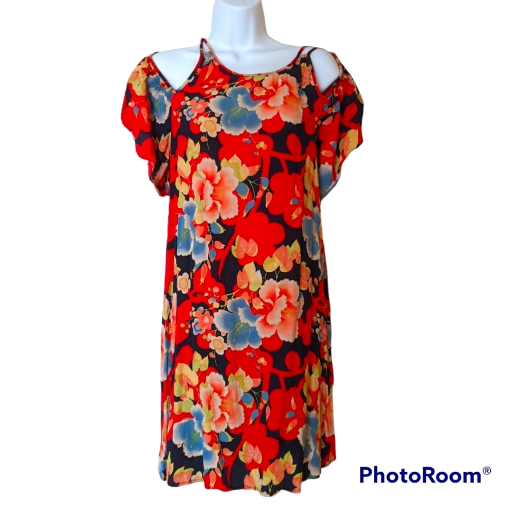 Ann Taylor Loft Tropic Red Floral Dress Off Shoulder Style sz. S